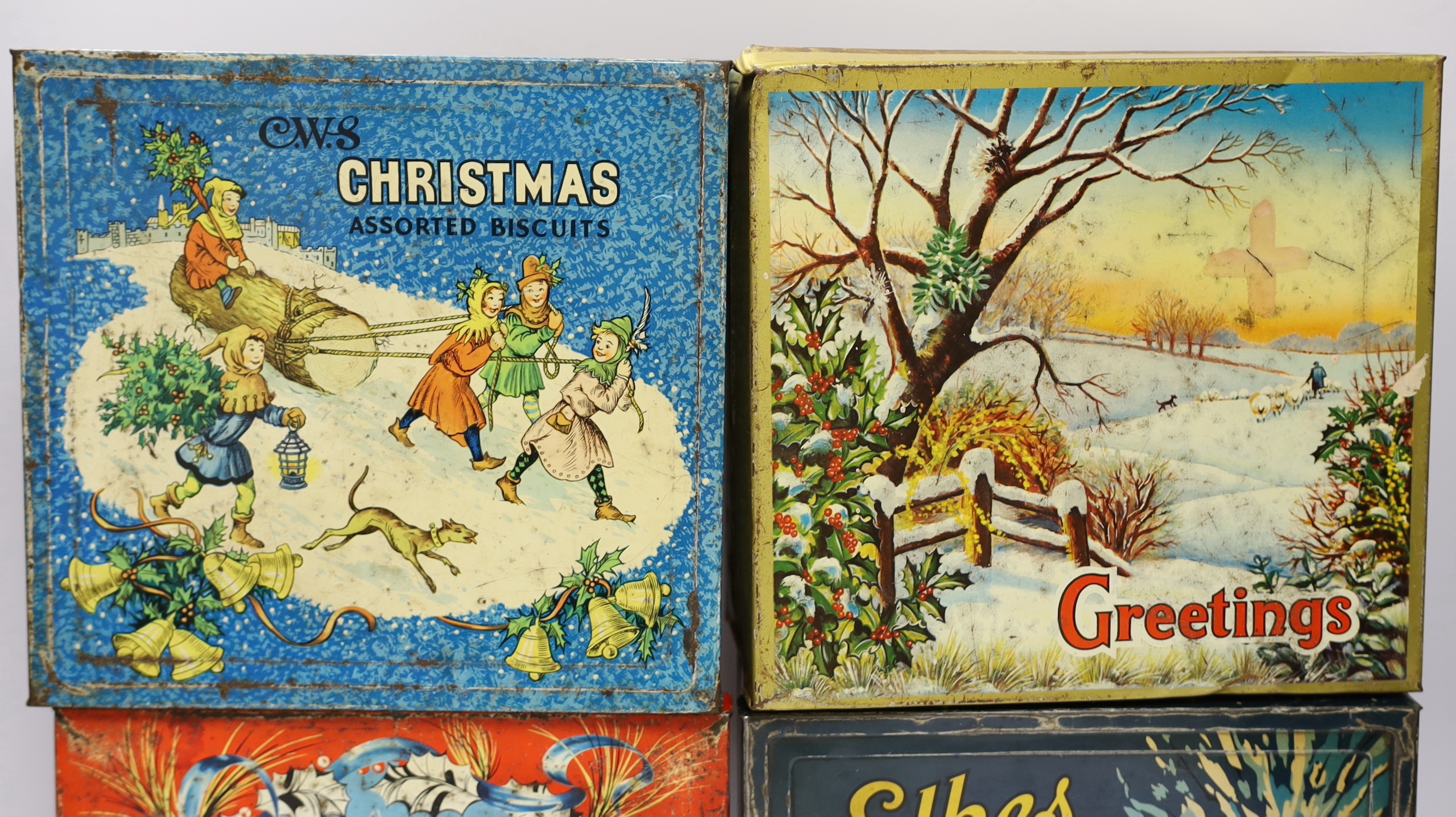 A group of vintage Christmas biscuit tins, including Elke, Huntley and Palmer and Cooperative Wholesale Society (5)